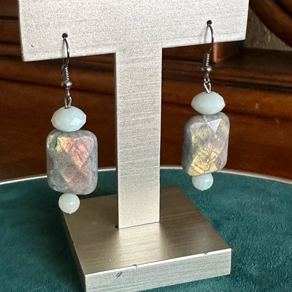 Labradorite and Aqua Marine earrings.  Great flash.